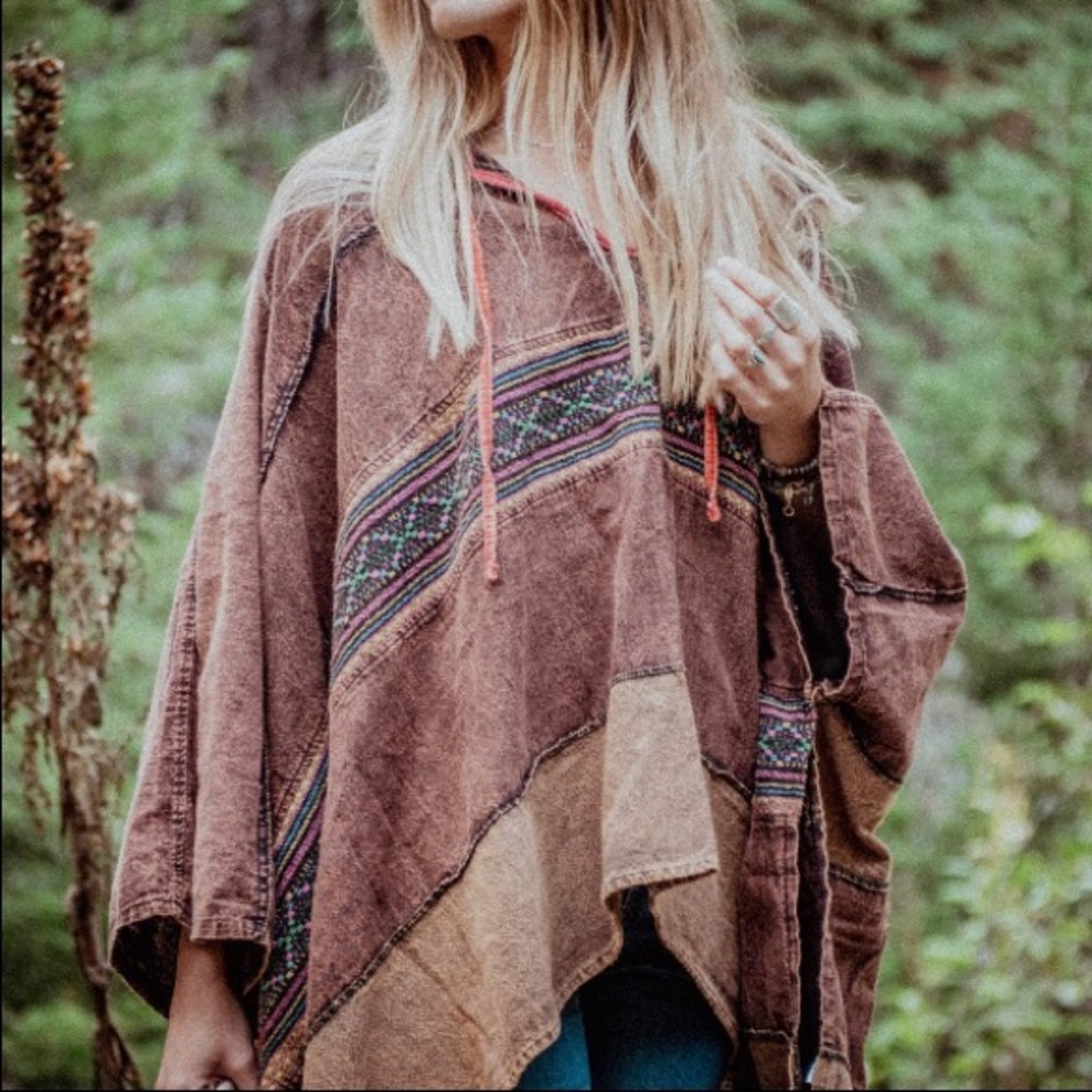 Hooded Cotton Bohemian Poncho | Earth Tones